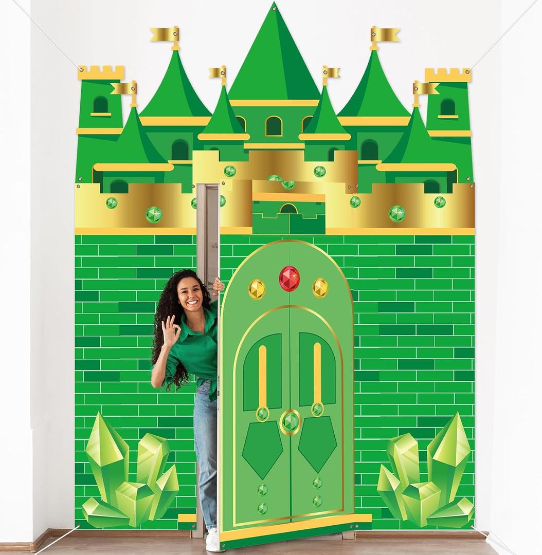 4Pcs Green Castle Door Cover Witch Party Castle Themed Door Hanging Banner Decorations Fairytale Porch Signs Backdrop for Holiday Wizard Princess Birthday Party Supplies Home Bar Backyard Decoration