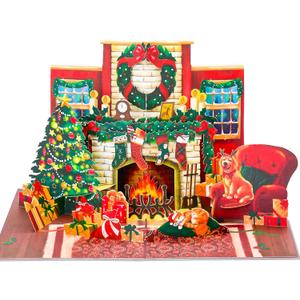 POPWOW Christmas Fireplace Pop Up Card, Cat and Dog, Xmas Tree, Wreath, Garland, 3D Greeting Card, Gift for Cat and Dog Person, Family, 5x7 - Includes Envelope And Message Note