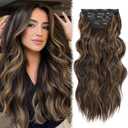 Synthetic Clip in Hair Extensions 20 Inch 5Pcs Dark Brown Mix Caramel Blonde Long Hair Extensions Clip Ins Soft Thick Synthetic Wavy Hair Piece for Women