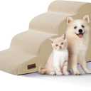 4-Step Dog Stairs and Ramp for Beds or Couches,Non-Slip Sturdy Pet Steps for Small Dogs and Cats,17.4" H,Beige