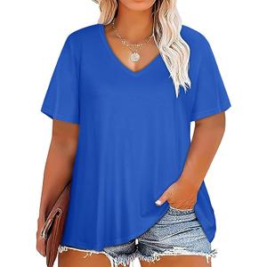 Plus Size Tops for Women V Neck Summer Top Loose Fit Short Sleeve T Shirts JOELLYUS 2026 Casual Tunic Blouses, Soft Fabric, Classic V-neck design, Solid & Graphic & Floral, Flowy Summer Clothes 2XL