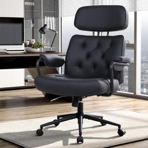 Big and Tall Office Chair 500lbs, Desk Chair Comfy, Oversized Computer Chair Extra Wide, Mid-Century Modern Chairs, PU Leather Heavy Duty, High Back Swivel Rocking Chairs with Wheels for Home, Black