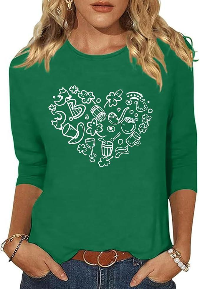 St Patricks Day Shirt for Women 3/4 Sleeve Lucky Clover Heart Shirts Irish St Paddys Day Tee Tops, S