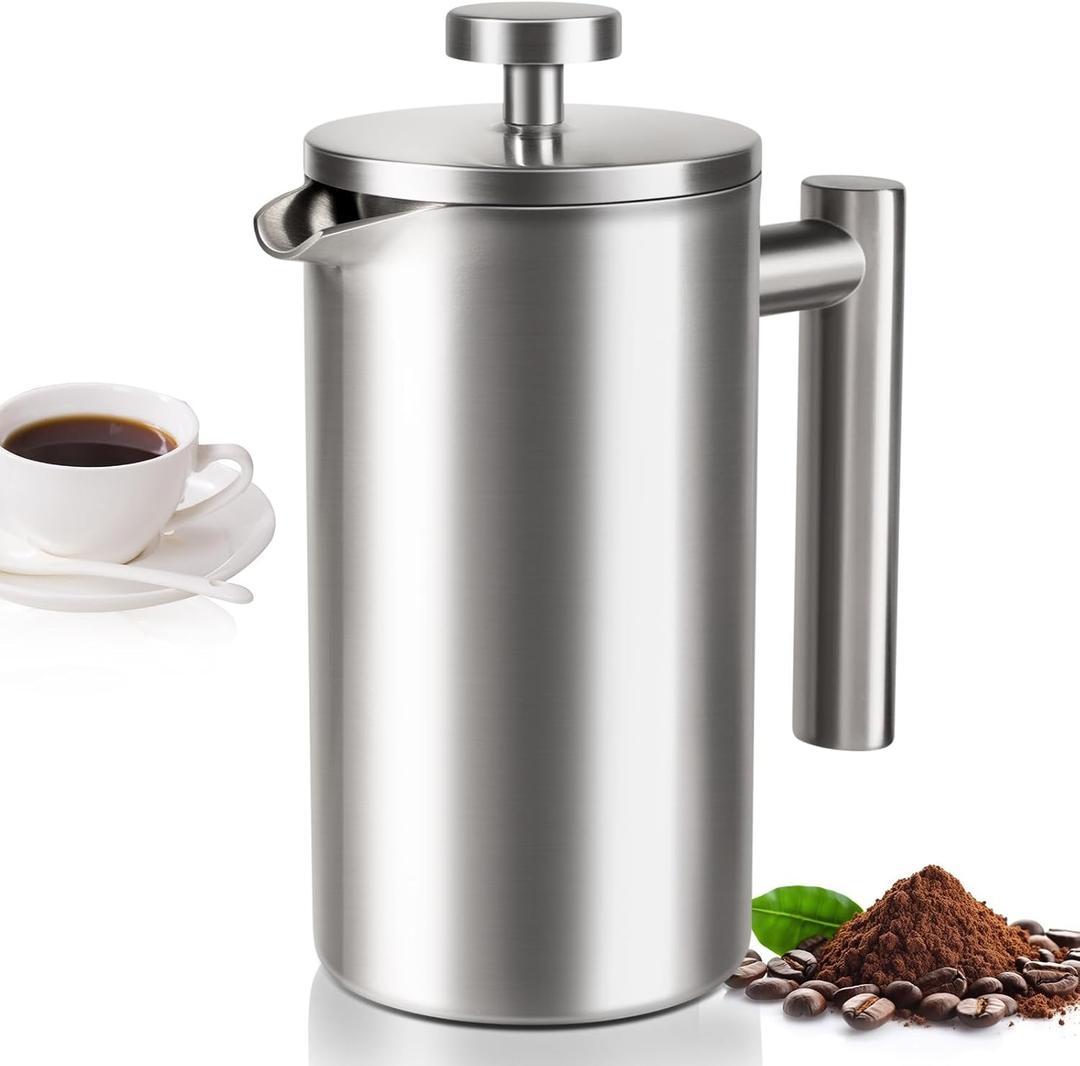 SZHETEFU 12 OZ French Press Coffee Maker, Sturdy Insulated Full Stainless Steel Coffee Press, Mini Small Camping French Presses Maker, 1-2 Cup Teapot for Kitchen Travel Elegant Silver 350ml