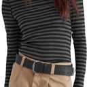 Darong Women's Striped Turtleneck Shirt Long Sleeve Undershirts Ribbed Slim Fit Top Fitted Basic Tees (X-Small, Dark Grey Stripe)