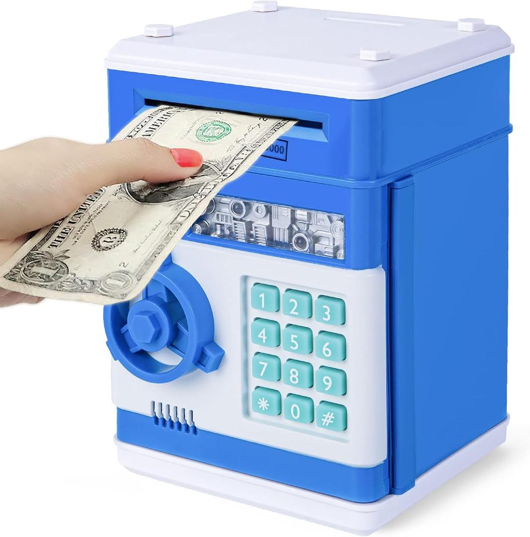 Refasy Piggy Bank Cash Coin Can ATM Bank Electronic Coin Money Bank for Kids Age 3-12, Money Savings Box Mini ATM Coin Bank Toys Gifts for 3 4 5 6 7 8 9 10 11 12 Year Old Boys Girls (Blue)