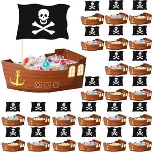 24 Pcs Pirate Birthday Party Decorations Pirate Ship Disposable Paper Food Serving Tray Boats Tray with Bamboo Sticks for Concession Food for Birthday Party Favor Supplies Decorations