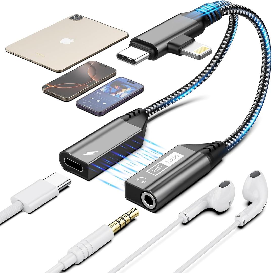 Magnetic Lightning + USB C to 3.5mm Headphone and Charger Adapter,Apple MFi Certified 2-in-2 USB C/Lightning to Aux Audio Jack with PD Fast Charging Cable Compatible with iPhone 16/15 /14/Samsung (Grey)