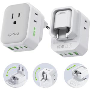 EPICKA Hybrid European Travel Plug Adapter,2-Pack Foldable Detachable Type C (EU) VisaPlug, 8-in-1 International Power Adapter with 4 USB Ports (2 USB-C PD 20W), US to Europe
