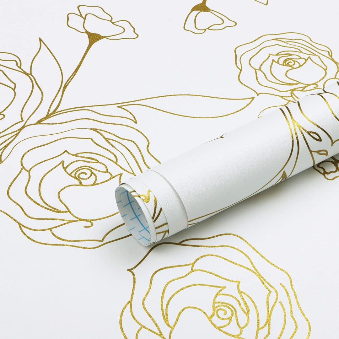 Safiyya 118"x17.3" Peel and Stick Wallpaper Gold and White Contact Paper Rose Floral Wallpaper Self Adhesive Removable Wallpaper for Bedroom Covering Vinyl Rolls