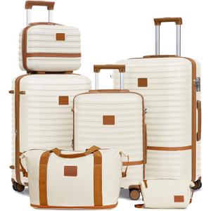 Joyway Luggage Set 3 Piece Suitcase Sets with Spinner Wheel,Hardside Expandable Travel Laggage with TSA Lock (13/20/24/28 White Brown)