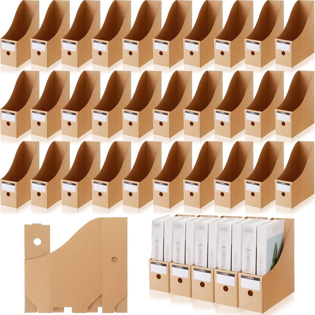 Geyee 50 Pcs Cardboard Magazine Holder Magazine File Holder Magazine Storage Box Document Magazine File Organizer with 50 Pcs Labels for School Office Home Supplies, Brown
