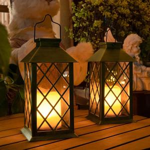 TAKE ME 14" Solar Lanterns Outdoor Waterproof Garden Lanterns Large Flickering Flameless Candle Mission Lights for Table,Outdoor,Party Mothers Day Gifts ( 2 Packs Bronze-Green Color)
