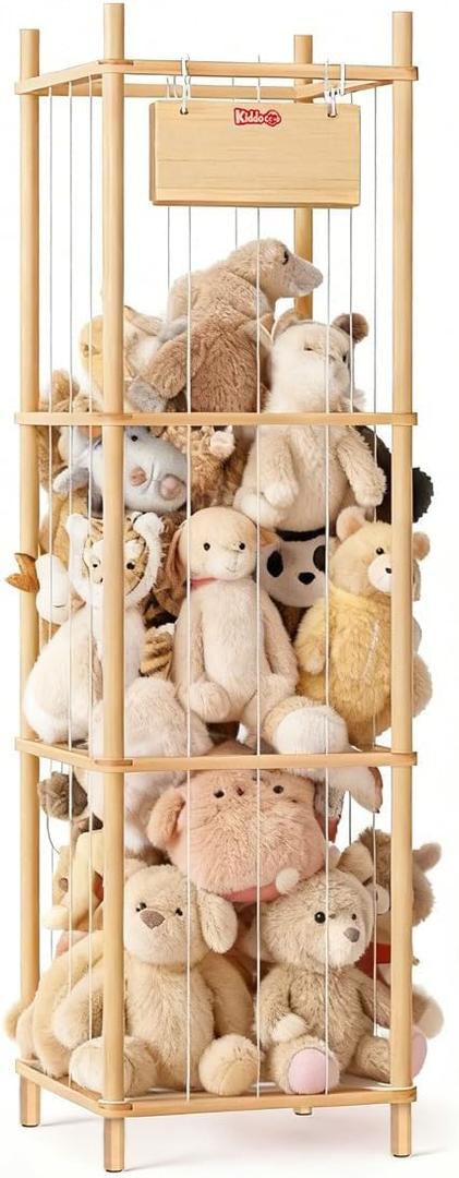 KiddoCood Kids CPC & TIC Certified Stuffed Animal Storage - 3-Tier Natural Solid Wood Plush Toy Organizer & Holder, Corner Solution for Playroom & Nursery, BPA-Free & Zero Glue
