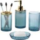 MyGift 4 Pcs Glass Bathroom Accessories Set with Toothbrush Holder, Soap Dish, Pump Dispenser, Tumbler Cup, Blue Bathroom Decor, Modern Embossed Chevron Design