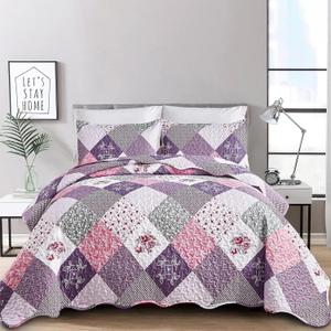 Dinjoy Purple Quilt Set Queen Size, Reversible Floral Plaid Patchwork Pattern Bedding Set Soft Microfiber Lightweight Bedspread Coverlet 3 Piece Spring Summer Use (90x90 inches)