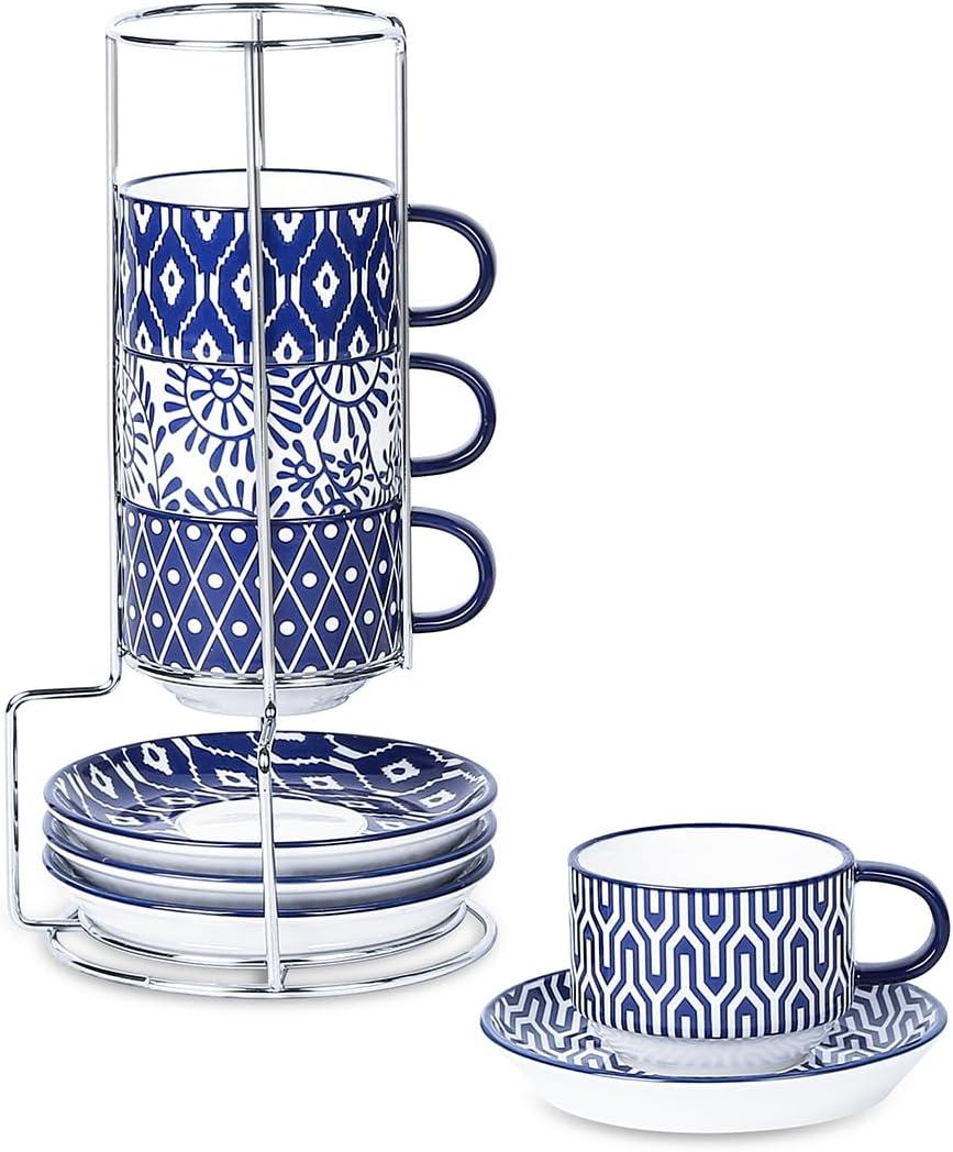 Selamica Ceramic Espresso Cups with Saucers and Metal Stand, 4 OZ Stackable Cappuccino Cups, Demitasse Cups for Latte Coffee Caf Mocha Tea, Set of 4, Vintage Blue