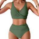 Fanuerg Women High Waisted Bikini Sets V Neck Cross Twist Front Two Piece Swimsuit Tummy Control Bathing Suit (Green, XXL)
