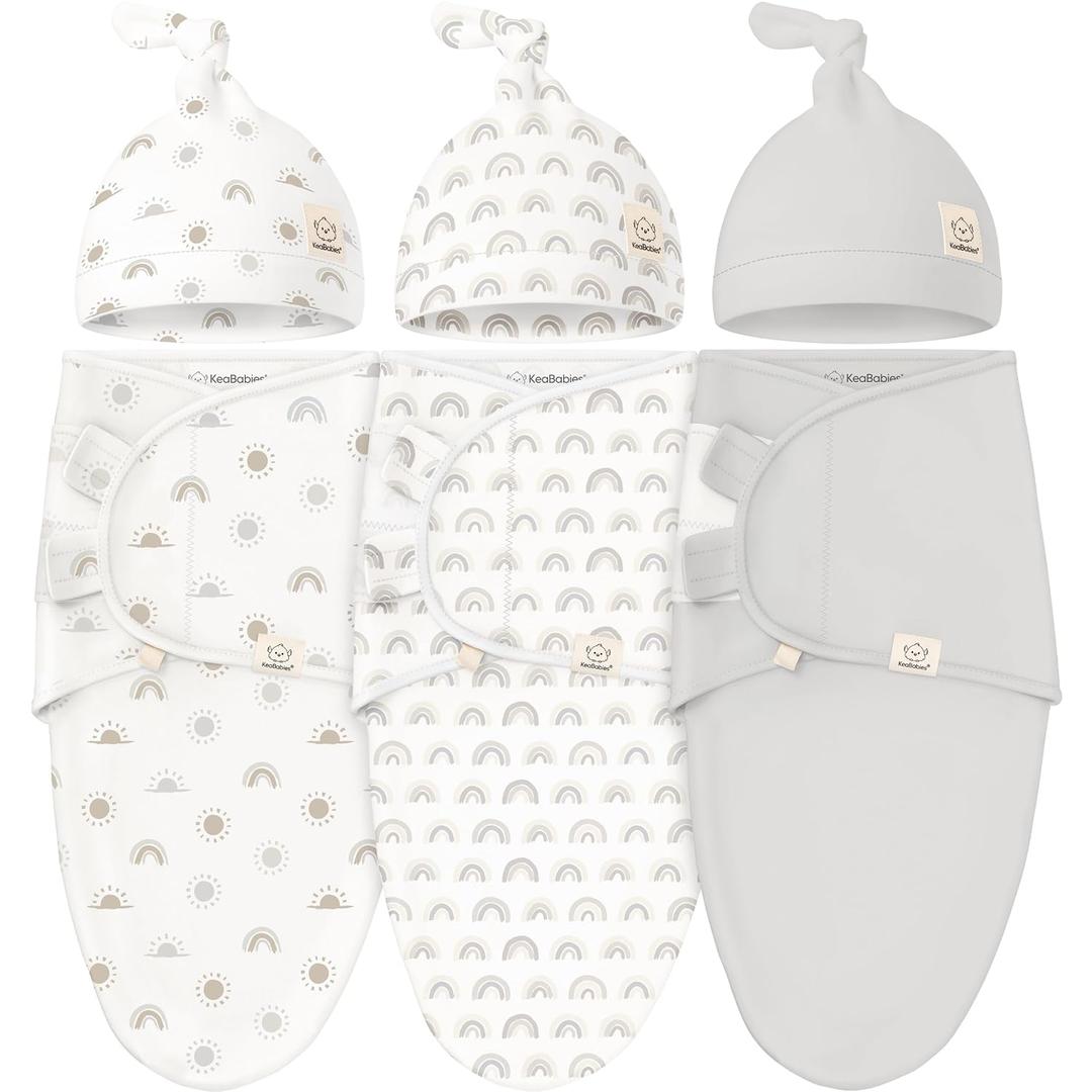 KeaBabies 3-Pack Organic Swaddles for Newborns Girls, Boys with Hats - Soft Cotton Baby Sleep Sacks 0-3 Months, Breathable Baby Hats and Swaddles 0-3 Months, Newborn Essentials Must Haves (Shifts)