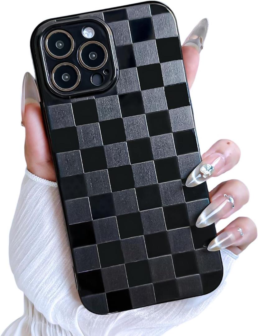 MINSCOSE for iPhone 13 Pro Max Case Aesthetic Checkered Plaid Checkerboard Design Pattern,Trendy Slim TPU Shockproof Protective Full Camera Protection Phone Cover-Black