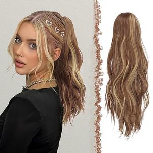 FESHFEN Ponytail Extensions, Long Claw Clip in Ponytail Hairpiece Synthetic Pony Tails Hair Piece Natural Wavy Hairpieces for Women, 20 inch 