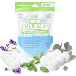 Tub Works Vapor Bath Bombs for Toddlers & Kids, 12 Pack | Natural Essential Oils for Aromatherapy | Calming Eucalyptus Bath Bomb with Lavender & Menthol for Cold, Flu & Congestion Relief