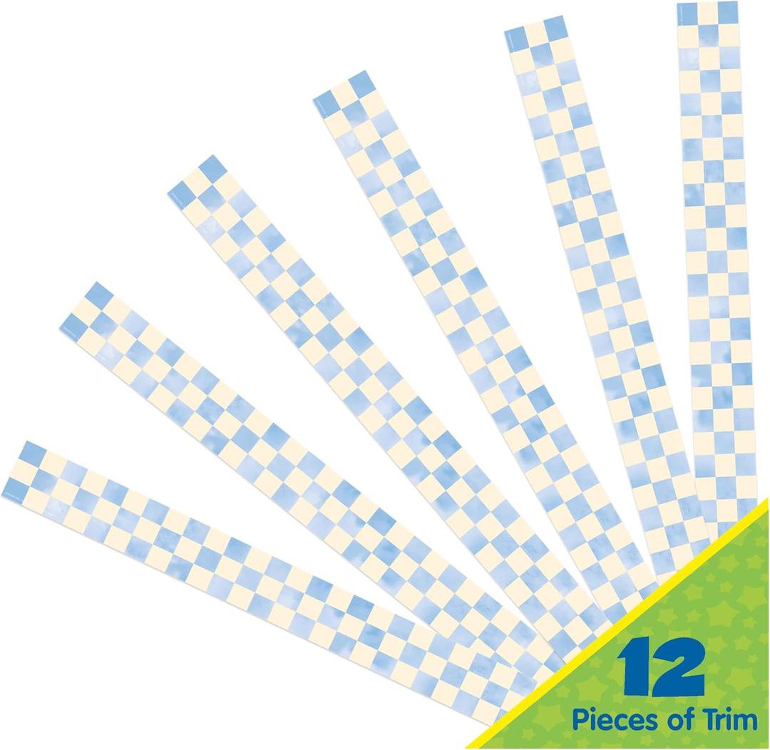 Eureka 845692 S'Cool Era Checkered Sky Decorative Classroom and Bulletin Board Trim for Teachers, 2.25" Wide with 37 Feet Total, 12 Strips