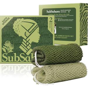 SubSahara Authentic African Net Sponge - 2 Pack Exfoliating Bath & Shower Loofah Sponge for Body & Face, Gentle Scrubber for All Skin Types, Travel, Durable Polyester (Olive Green & Light Green)