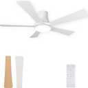 52 Inch Ceiling Fan with Light, Flush Mount Ceiling Fans with 5 Blades, Dimmable, Reversible Motor, 3-Colors Temperatures, 6 Speeds, White Ceiling Fan with Remote for Bedroom
