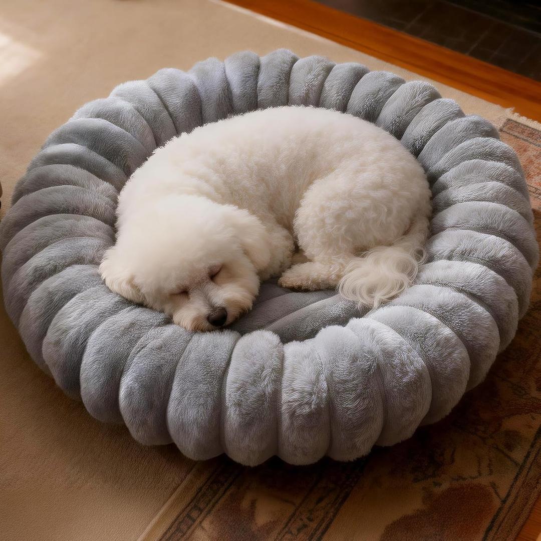 Donut Dog and Cat Bed, Luxurious Comfortable Faux Rabbit Fur Pet Beds, Round Anti-Anxiety Calming Puppy Kitten Bed with Anti-Slip Bottom for Small Medium Dogs & Cats(33", Brown) (S(23*23*8), Grey)
