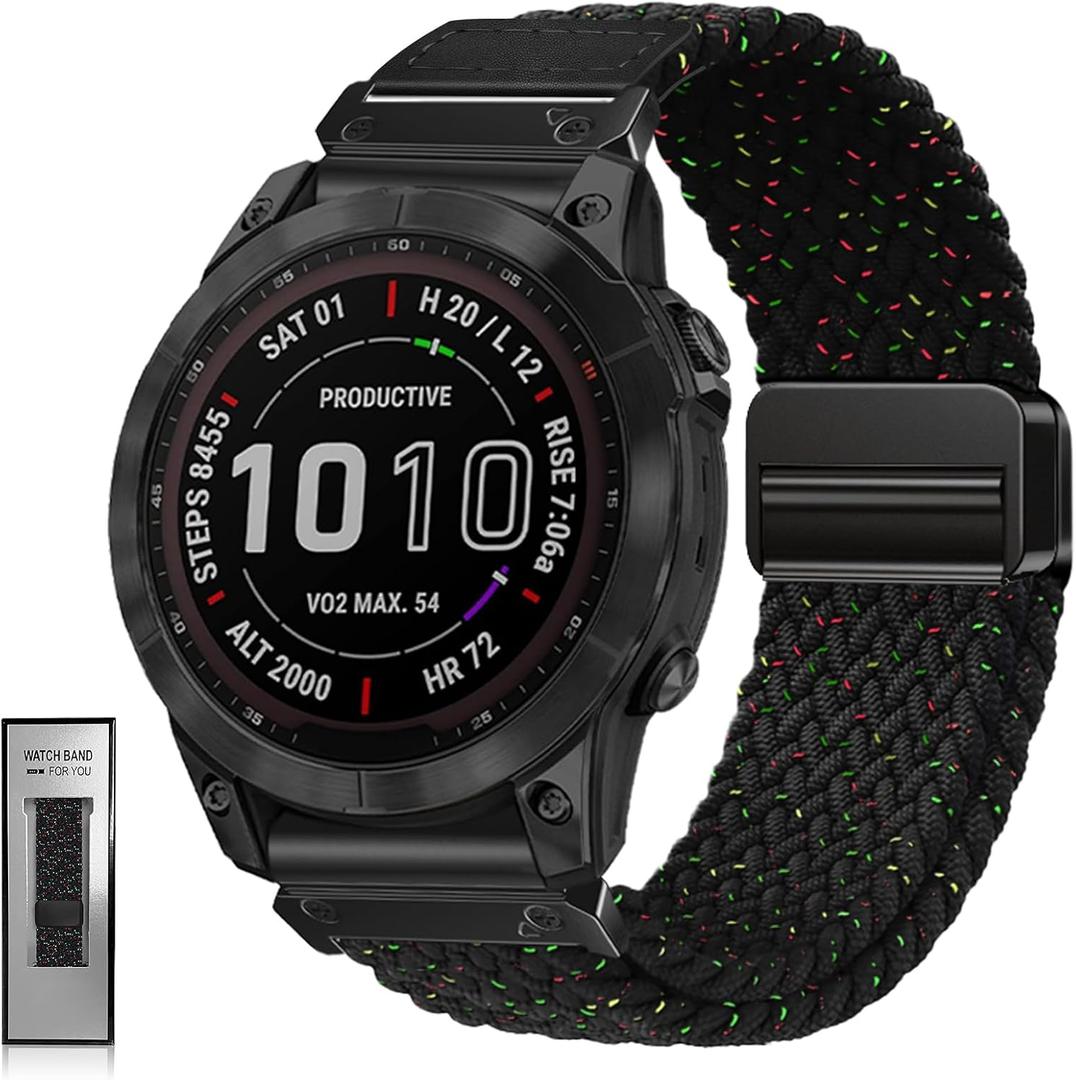 Quickfit 22mm 26mm Watch Band - Compatible with Garmin Fenix 8 47mm 51mm/Fenix 7/7X/6/6X/5/5X, Magnetic Clasp Braided Stretchy Nylon Sport Strap for Men and Women, Multiple Colors