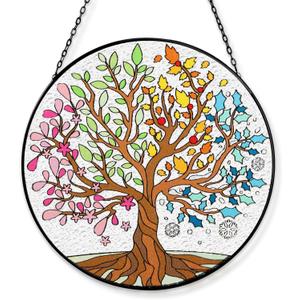 Tuitessine Big Size Tree of Life Stained Glass Suncatcher Four Season Theme Colorful Leaves Wall Window Hanging Ornament Hand-Painted Glass Panel Gift for Women Christmas Thanksgiving Gift 7.9  7.9