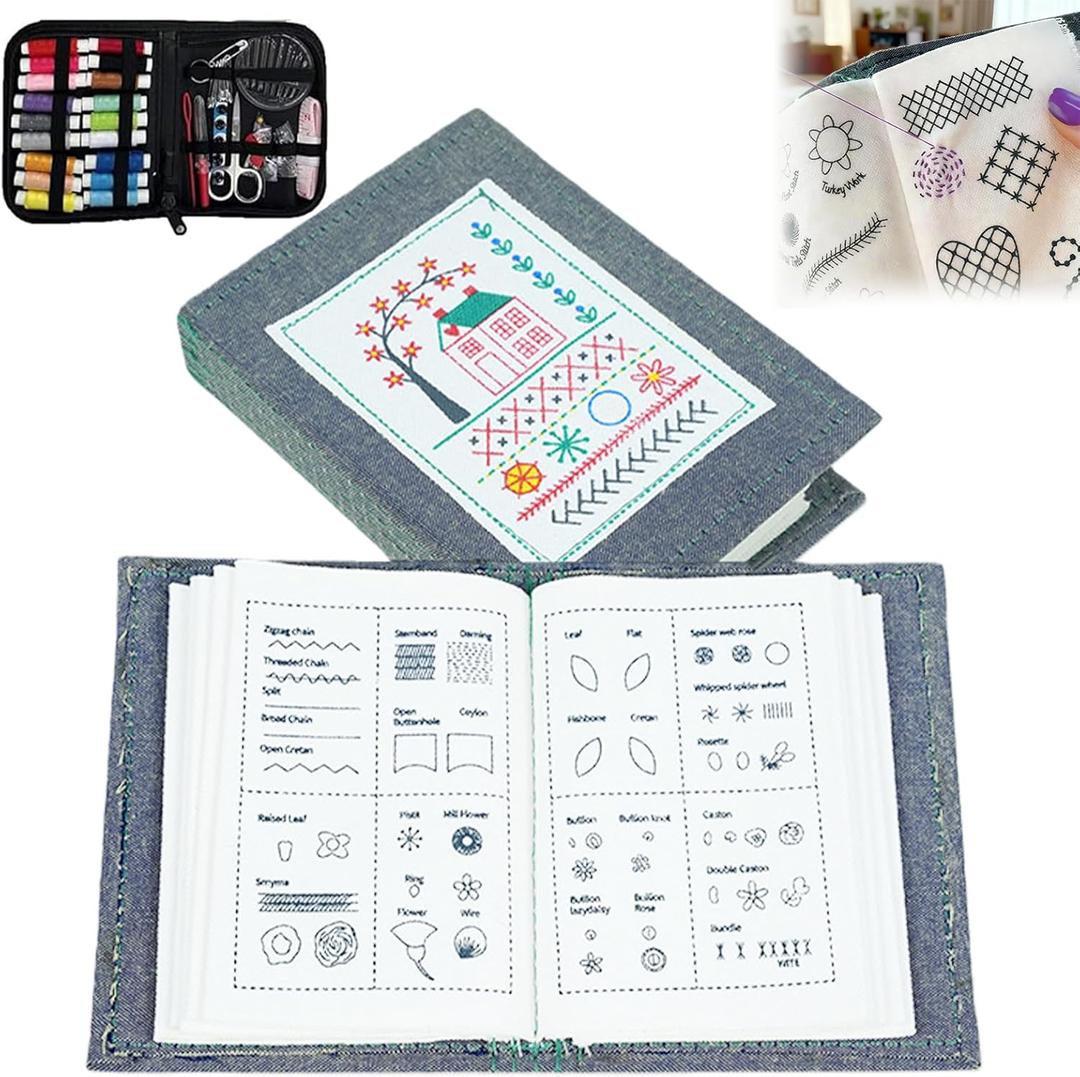 Embroidery Stitch Book Kit  Portable Beginner Embroidery Book with Complete Toolkit & Step-by-Step Tutorial, All-Scenario Stitch Guide for Adults & Craft Lovers (1 Set)