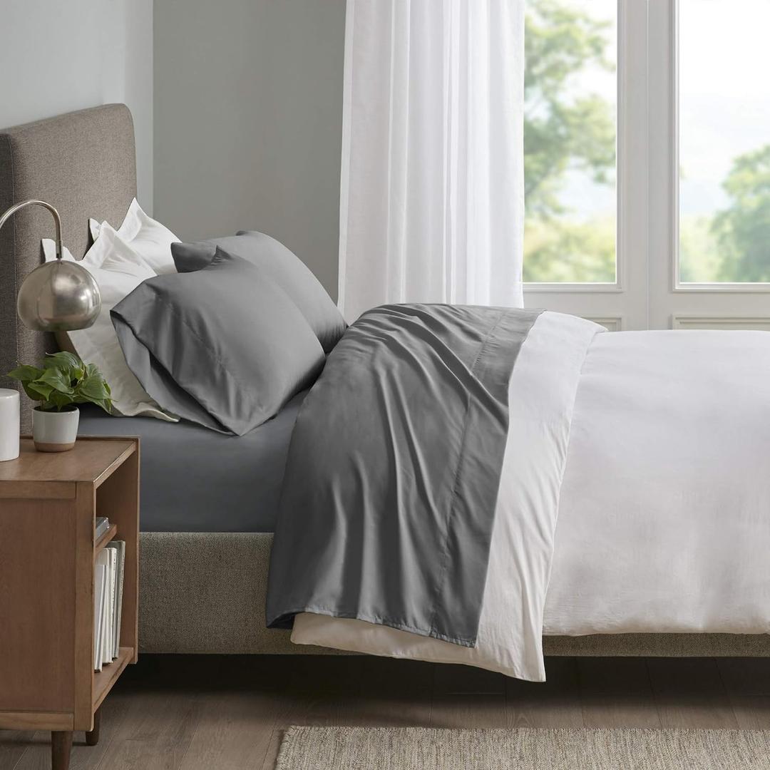 Sleep Philosophy Smart Cool Microfiber Moisture-Wicking Breathable 4 Piece Cooling Sheet Set, Queen Size, Grey (SHET20-962)