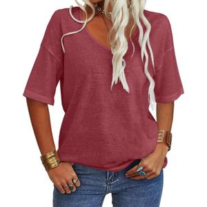 Danedvi Women Fashion V-Neck Half Sleeves Oversized T Shirt Solid Casual Loose Basic Tops (XXL)