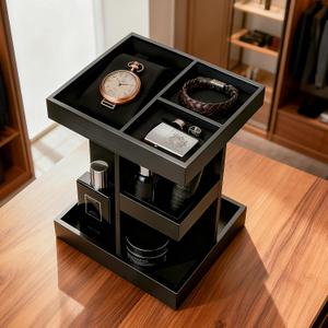 Rotating Cologne Organizer for Men, 3-Tier Large Capacity Wooden Perfume Stand with 360 Display, Desk & Dresser Organizer for Cologne, Watches & Accessories, Gift for Husband, Dad & Men (Black)