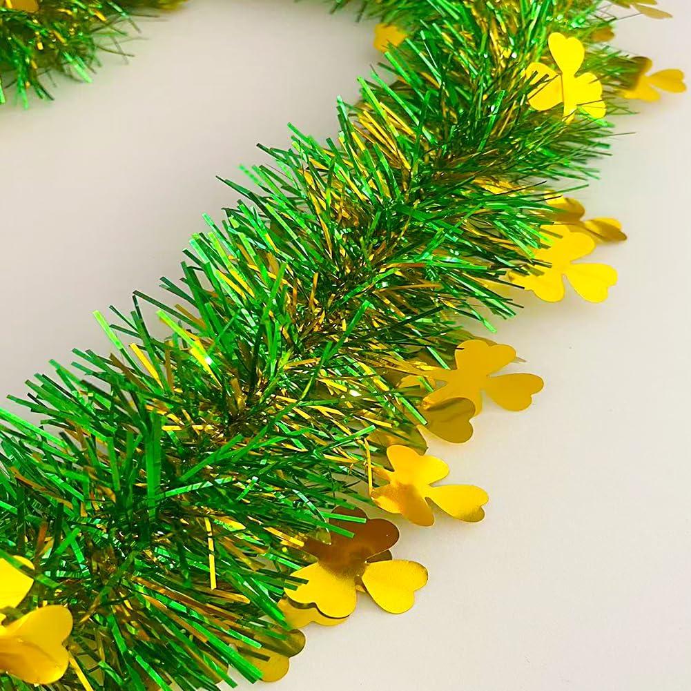 66FT Glitter St.Patrick's Day Tinsel Garland Decorations Gold Shamrock Clover Metallic Twist Garland Decor for St Patricks Day Irish Festival Party Tree Mantle Office Parade Floats Ornaments