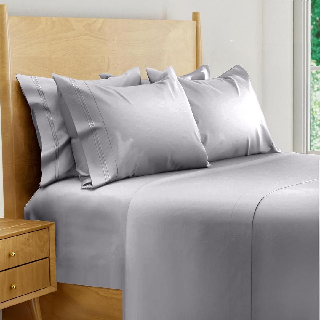 BAMPURE Luxury Series 6 Pcs King Sheet Set - 100% Viscose derived from Bamboo Sheets King Size - (Light Gray)