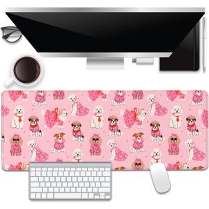 Cute Dogs Desk Pad Mouse Pad,Large XL Pink Mouse Mat with Stitched Edges for Women Girl,Non-Slip Rubber Base Mousepad for Office PC Keyboard Laptop and Home Work Desk Mat(31.5X11.8 in)