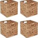 11x11in Storage Baskets Set of 4 Water Hyacinth Baskets,Foldable Handwoven Storage Cubes,Woven Baskets for Bathroom, Bedroom, Laundry, Pantry, Shelves