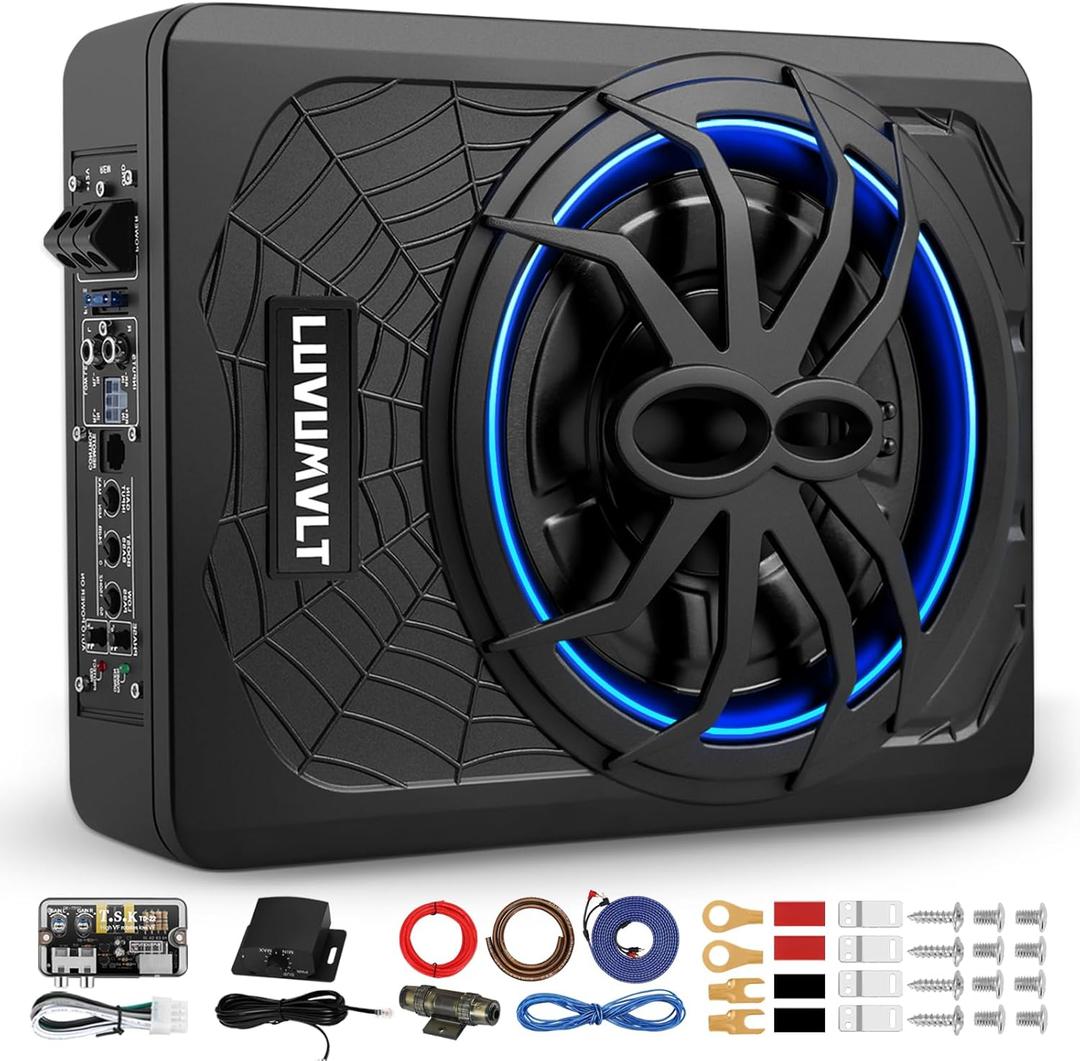1200W 10" Car Subwoofer, Slim Under Seat Powered Subwoofer and Amp Package,High/Low Level Input, Car/Truck Audio Sub Built-in Amplifier amp Combo Package, with Blue LED Light