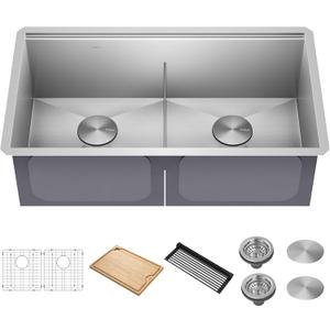 KRAUS Kore 33-Inch Undermount Workstation 16 Gauge Double Bowl Stainless Steel Kitchen Sink with Accessories, KWU112-33