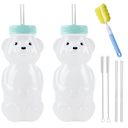 Honey Bear Straw Cups, Juice Bear Bottle Drinking Cup Long Straws with 4 Flexible Straws & Cleaning Tools, 8-Ounce Therapy Sippy Bottles for Speech and Feeding Training, Food-Grade & BPA Free 2 Pack
