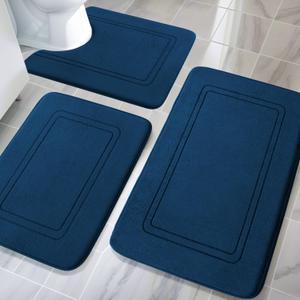 YIHOUSE Memory Foam Bath Mat Set, Non Slip Bath Mats, Super Soft and Water Absorbent, Machine Washable U Shape Toilet Mats, Dark Blue (3pieces)