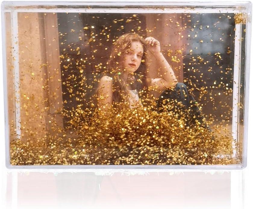 SH.DREAM Liquid Floating Water Golden Glitter Photo Frame with Glitter Liquid for Cute Family Couple Gift (5X7Inch) Golden