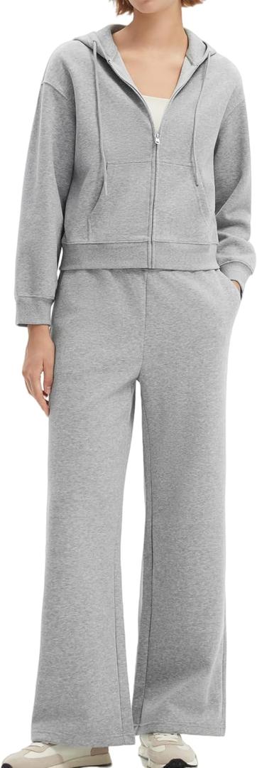SUUKSESS Womens 2 Piece Sweatsuits Outfits Zip Up Hoodie Tracksuit Straight Wide Leg Sweatpant Lounge Matching Sets (Large, Flower Grey)