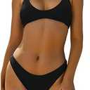 ZAFUL Women's Tie Back Padded High Cut Bralette Bikini Set Two Piece Swimsuit (1-black, Large)