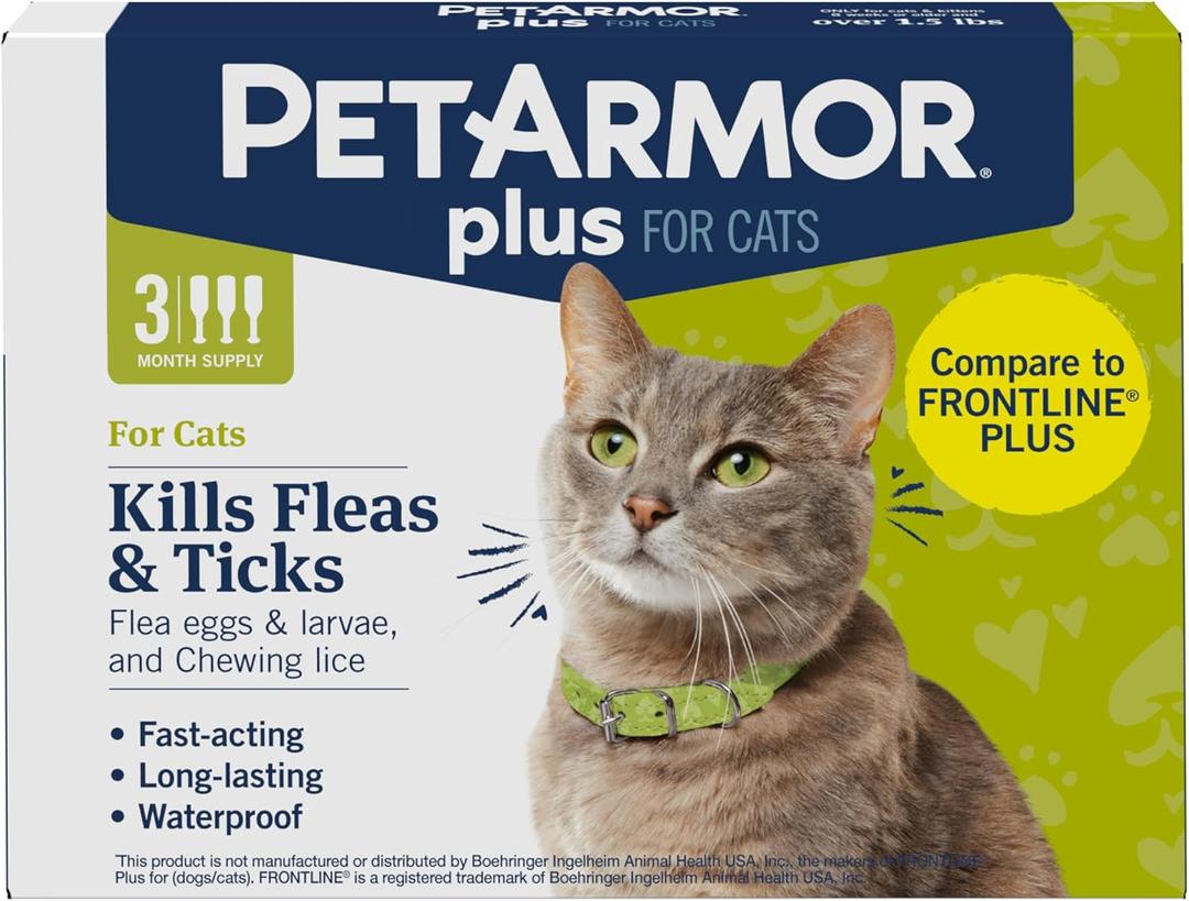 PetArmor Plus Flea and Tick Prevention for Cats, Cat Flea and Tick Treatment, 3 Doses, Waterproof Topical, Fast Acting, Cats Over 1.5 lbs (3 Count)