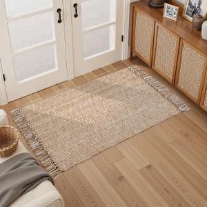 Collive Entryway Door Mat, 27" x 43" Machine Washable Kitchen Rugs, Indoor/Outdoor Low-Profile Doormat Soft Hand-Woven Cotton Bathroom Rug Throw Rugs for Front Back Door Bedroom (Tan/Cream)