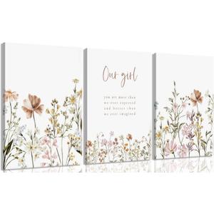 3 Pcs Wildflower Canvas Wall Art Girl Nursery Wall Decor Flower Print picture Floral Botanical Painting artwork for Baby Girl Nursery Decor Inspirational Wall Art Office Decoration,16x24in